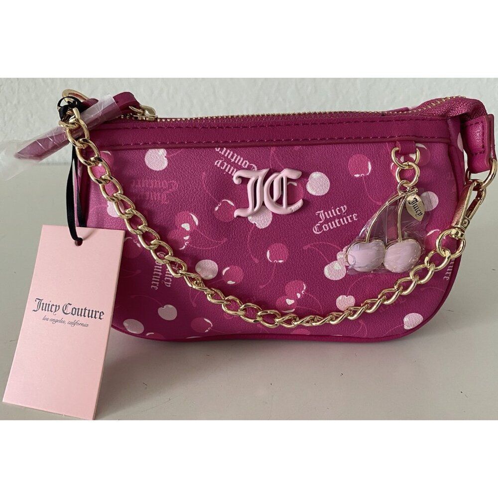 Juicy‎ Couture Cherry On Top Mini Wristlet Bag Raspberry Tart Pink Charm NEW